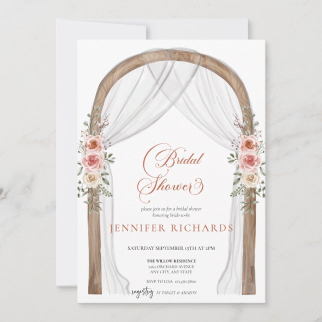 Invitación Rústico bohemio | Vintage Rosa Bridal Shower (Anverso)