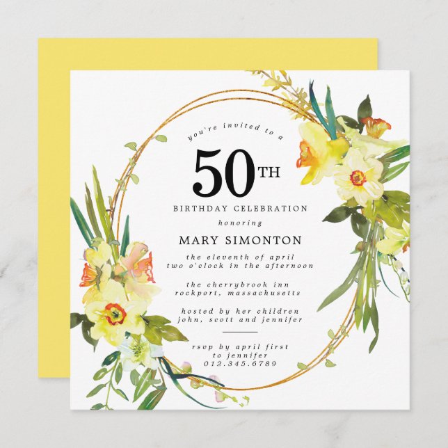 Invitación Rústico Boho Amarillo Daffodil 50 cumpleaños (Anverso / Reverso)