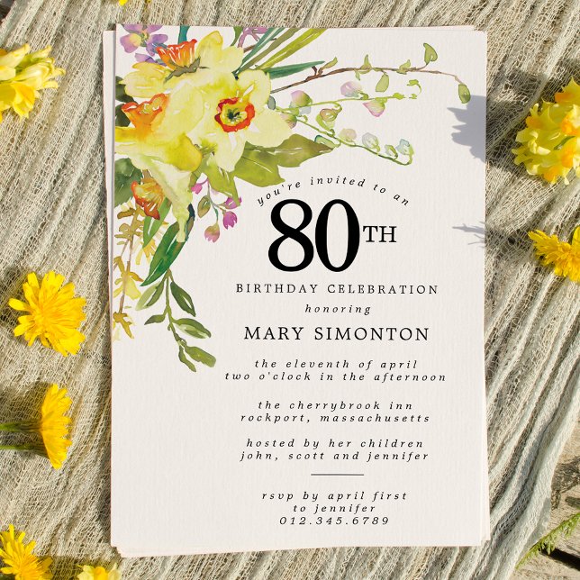 Invitación Rústico Boho Amarillo Daffodil 80º cumpleaños (Subido por el creador)