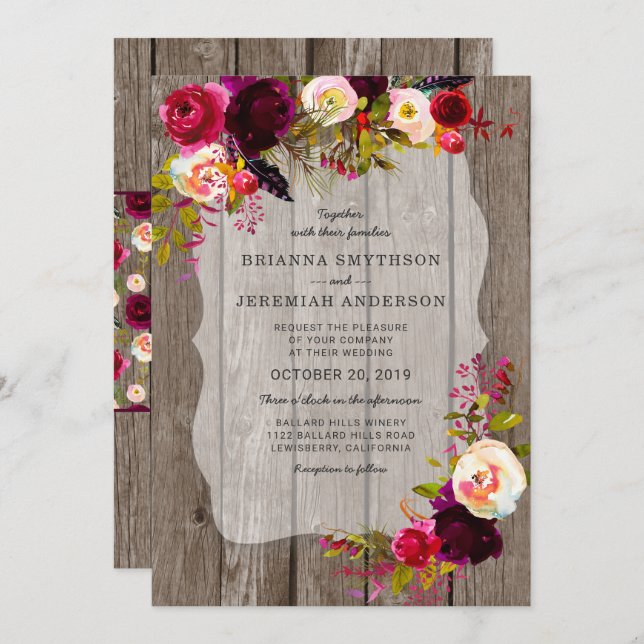 Invitación Rústico Boho Barn Wood burgundy boda floral (Anverso / Reverso)