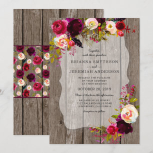 Invitación Rústico Boho Barn Wood burgundy boda floral