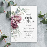 Invitación Rústico Boho Burgundy Plum Floral 60 cumpleaños<br><div class="desc">Un boho ultra-femenino estiloso de 60 años de fiesta que capta la esencia de la elegancia rústica con sus arcos ramos de peonías y rosas en la armonización del burdeos profundo, el ciruela y el rosa polvoriento con la vegetación de eucalipto. Los elementos botánicos femeninos brotan con estilo y sofisticación....</div>