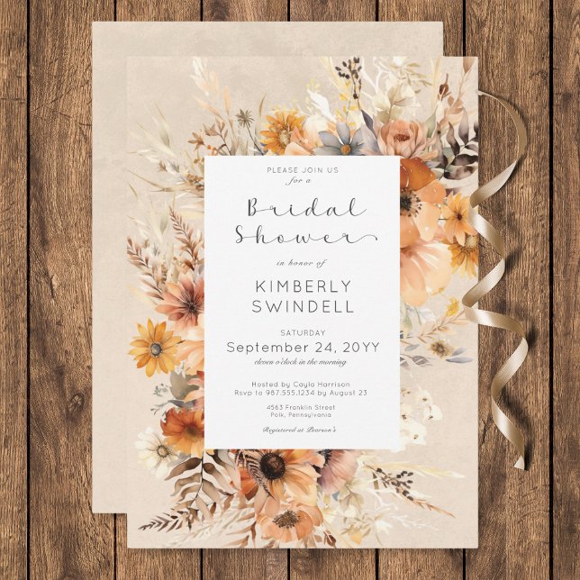 Invitación Rústico Boho Cae Floral Frame Bridal Shower (Rustic Boho Fall Floral Frame Bridal Shower Invitation)