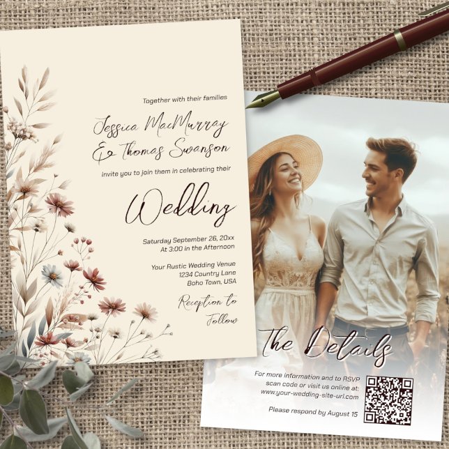 Invitación Rústico Boho Chic Flores Silvestres & Boda Foto QR (Front/Back)
