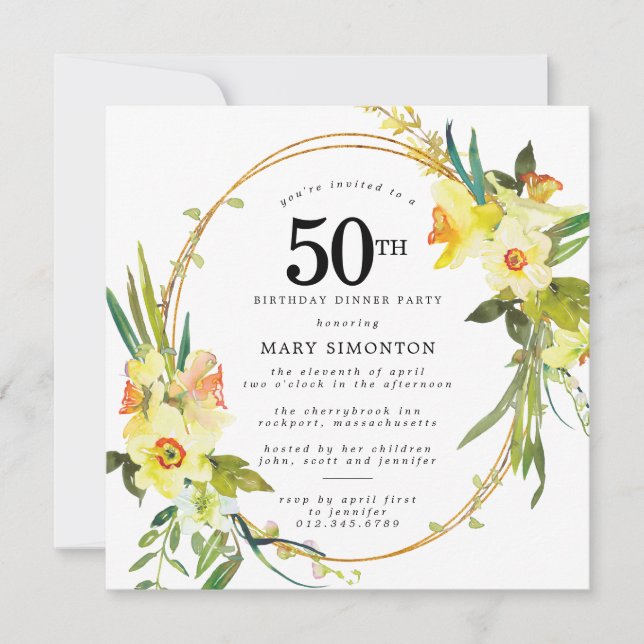 Invitación Rústico Boho Daffodil 50 Fiesta de la cena de cump (Anverso)