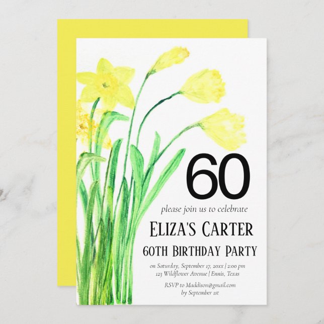 Invitación Rústico Boho Daffodil 60 cumpleaños floral elegant (Anverso / Reverso)