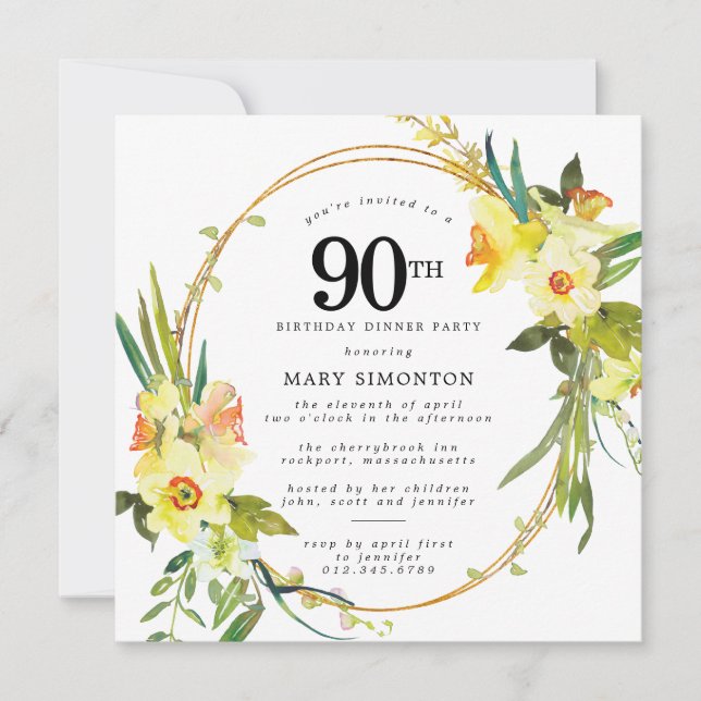 Invitación Rústico Boho Daffodil 90º Fiesta de la cena de cum (Anverso)