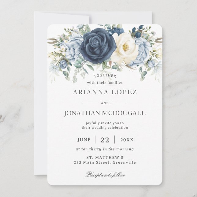 Invitación Rústico Boho Dusty Blue Ivory Floral Sage Boda (Anverso)