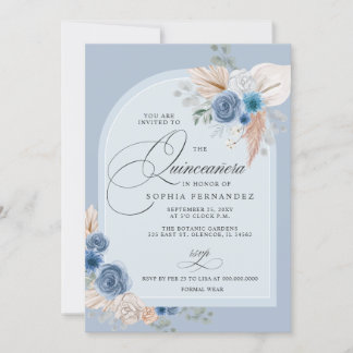 Invitación Rústico Boho Dusty Blue Pampas Quinceanera