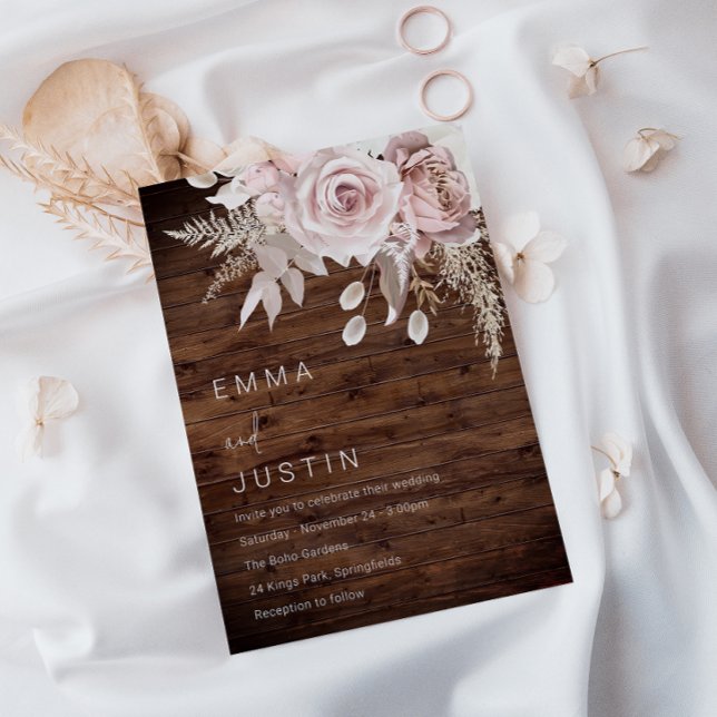 Invitación Rústico Boho Dusty Rosa Boda Floral de Rubor (Subido por el creador)