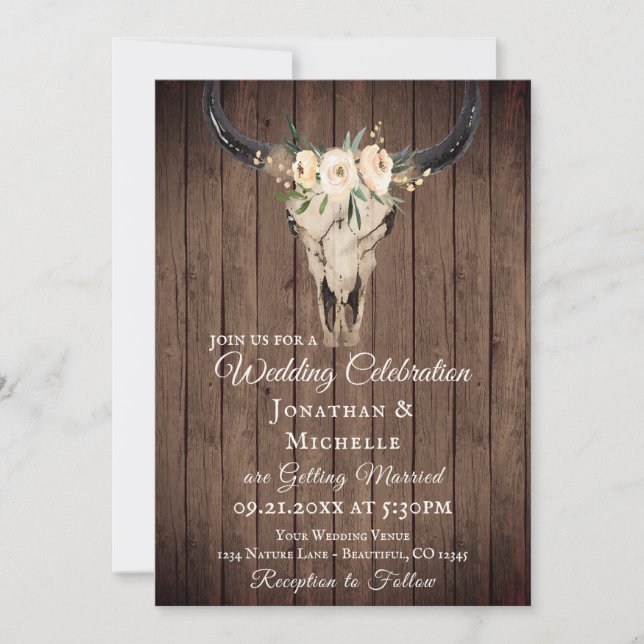 Invitación Rústico Boho Floral Cow Skull en Boda de Barnwood (Anverso)