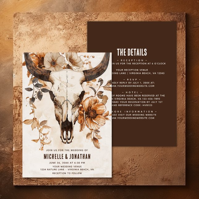 Invitación Rústico boho floral de cráneo de vaca todo en un B (Rustic Cow Skull Floral Boho All in One Wedding Invitation)
