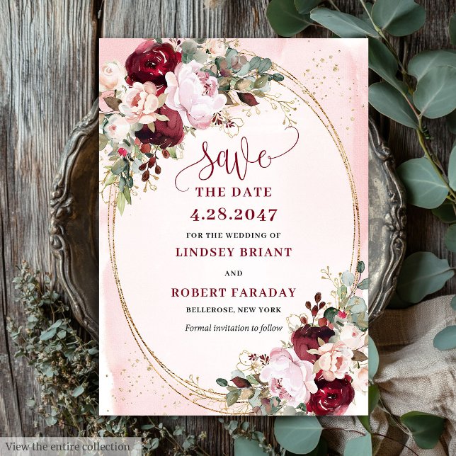 Invitación Rústico Boho Merlot Rubor Flores Guarda la Fecha (Rustic Boho Merlot Blush Gold Flowers Save Date)