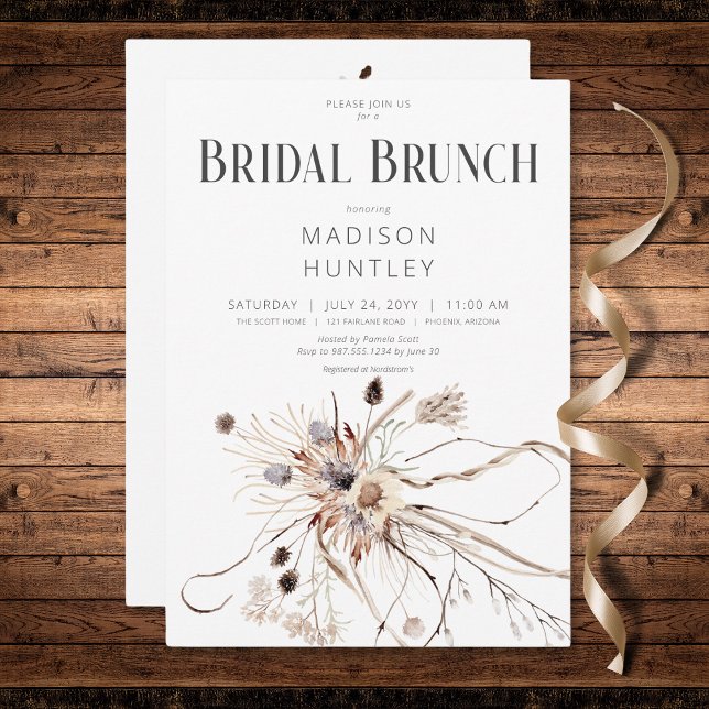 Invitación Rústico Boho Neutral Flores Secas Brunch Bridal (Rustic Boho Neutral Dried Flowers Bridal Brunch Invitation)