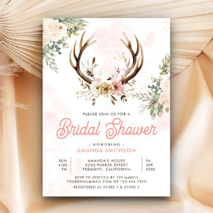 Invitación Rústico Boho Pink Floral Antler Bridal Shower