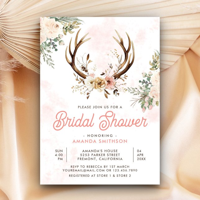 Invitación Rústico Boho Pink Floral Antler Bridal Shower (Subido por el creador)