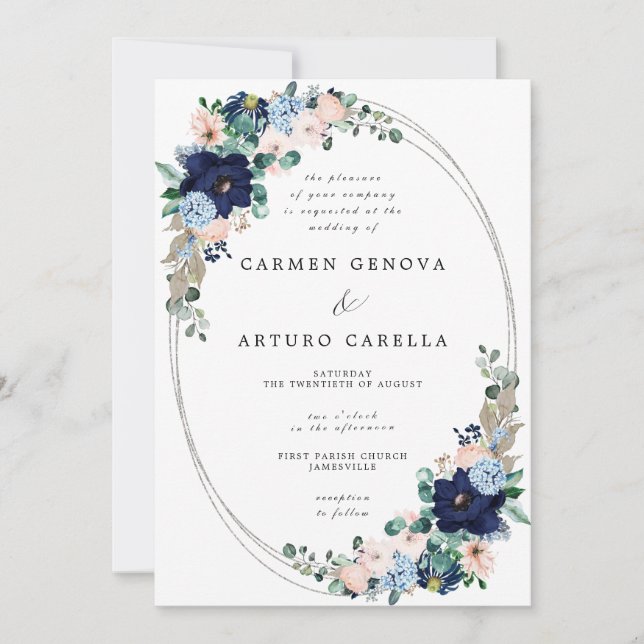 Invitación Rústico Boho Rubor Boda Floral Azul Rosa Dusty I (Anverso)