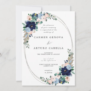 Invitación Rústico Boho Rubor Boda Floral Azul Rosa Dusty I