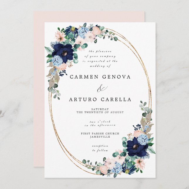 Invitación Rústico Boho Rubor Boda Floral Azul Rosa Dusty I (Anverso / Reverso)