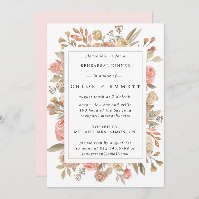 Invitación Rústico Boho Rubor Rosa Ensayo Floral Cena (Anverso / Reverso)