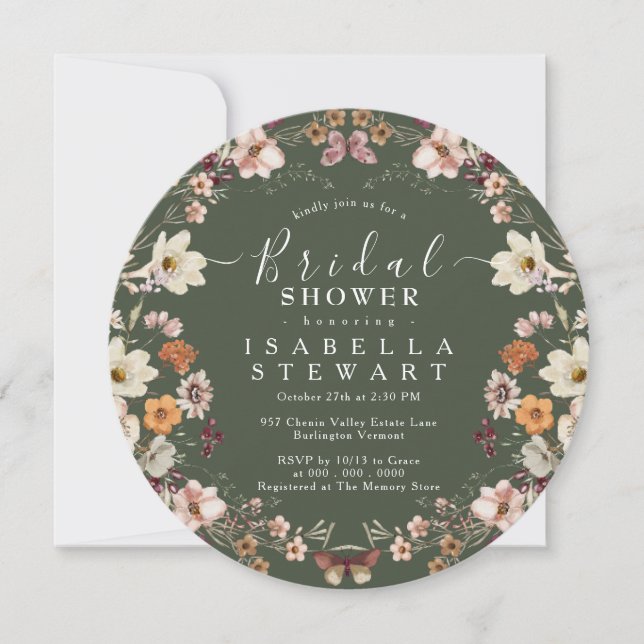 Invitación Rústico Boho Wildflower Forest Green Bridal Shower (Anverso)