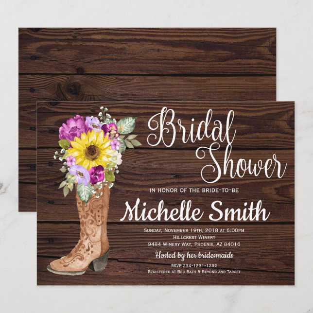 Invitación Rústico Boot Country Sunflower Floral Bridal Showe (Anverso / Reverso)