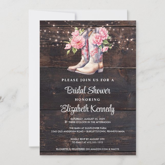 Invitación Rústico boots Cowgirl Western Bridal Shower (Anverso)