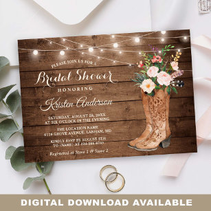 Invitación Rústico Boots Floral String Lights Bridal Shower