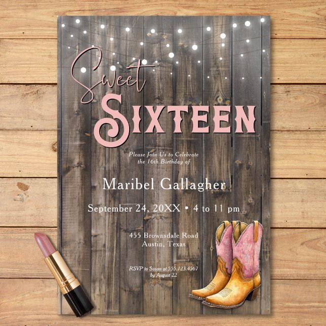 Invitación Rústico boots rosados Cowgirl Sweet 16 cumpleaños (Rustic Pink Boots Cowgirl Sweet 16 Birthday Invitation)