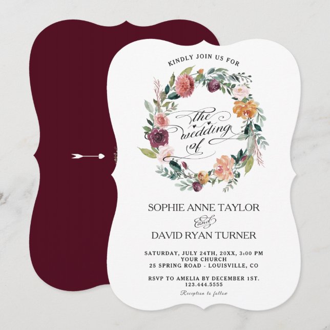 Invitación Rústico Borgoña Rubor Ivory Floral Wreath Boda (Anverso / Reverso)