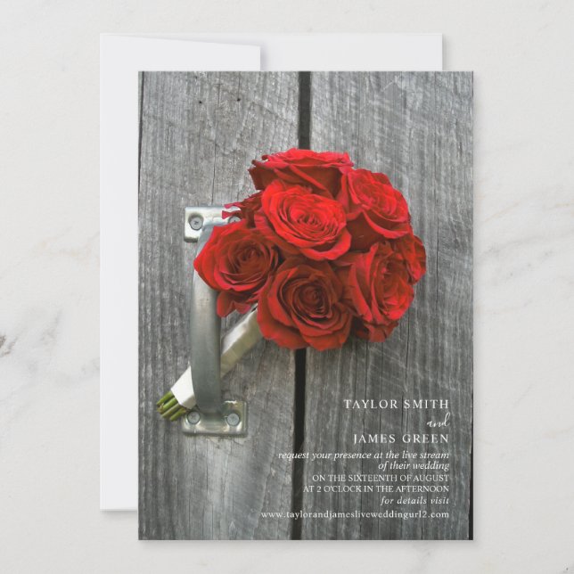Invitación Rústico Bouquet de Rosas Rojas, Boda de Streaming  (Anverso)