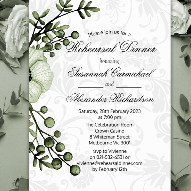 Invitación Rústico Bouquet verde y Damasco Cena de ensayo (Subido por el creador)
