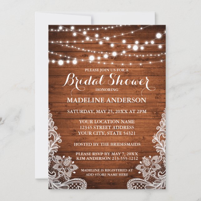 Invitación Rústico Bridal Shower Wood String Luces Lace (Anverso)