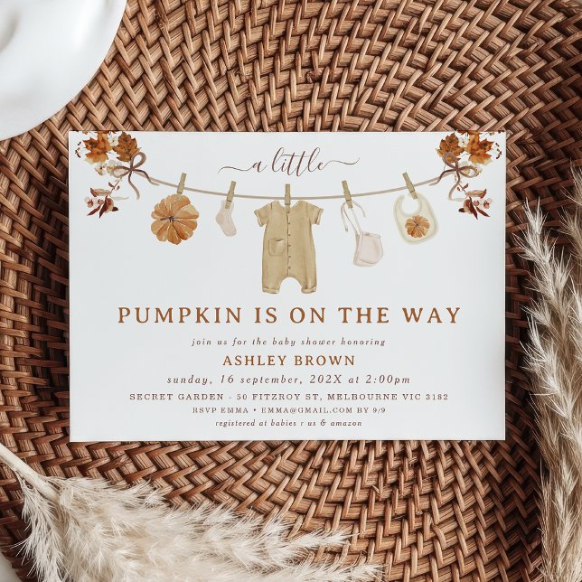 Invitación Rústico Brown Beige Clothesline Cae baby Shower (Boho Clothesline Fall Baby Shower Invitation Template, Fall Baby Shower Invitation With Clothesline)
