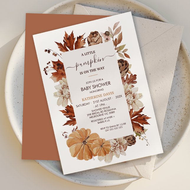 Invitación Rústico Brown Cae Pequeño Calabaza Baby Shower (Rustic Little Pumpkin baby Shower Invitation Template, Fall Baby Shower Invitation, Gender Neutral)