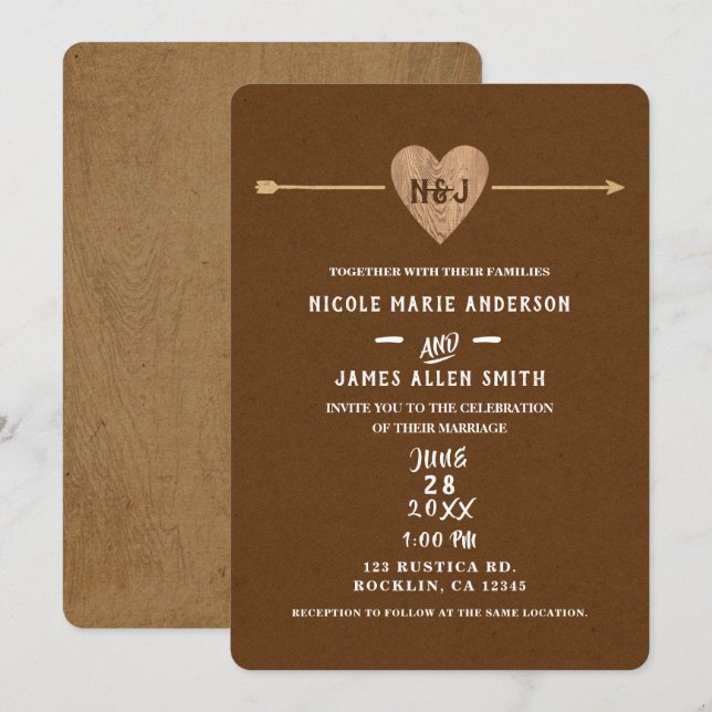Invitación Rústico Brown Kraft Heart Arrow Woodsy Boda (Anverso / Reverso)