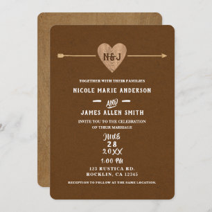 Invitación Rústico Brown Kraft Heart Arrow Woodsy Boda