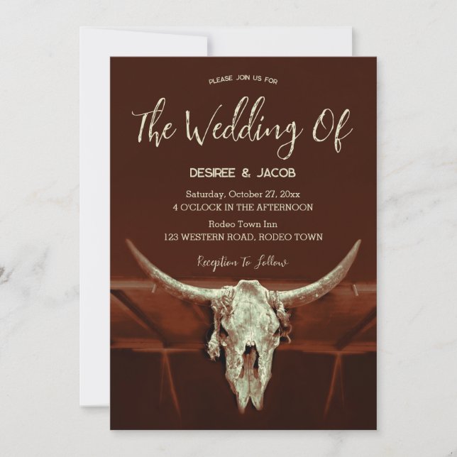 Invitación Rústico Brown Western Country Bull Skull (Anverso)