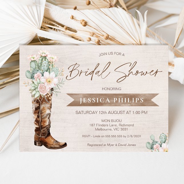 Invitación Rústico Brown Western Cowgirl Boot Bridal Shower (Rustic Boho Beige Boot Brunch Bridal Shower Invitation Template, Cowgirl Boot Bridal Shower Invite)