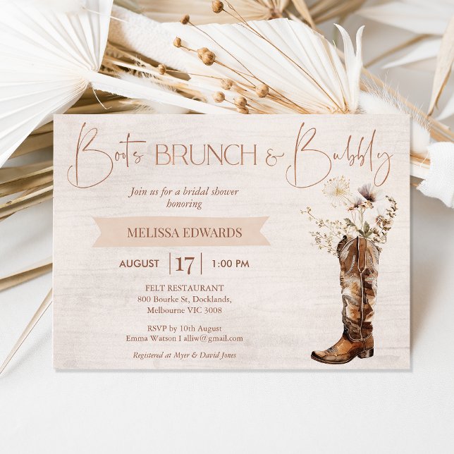 Invitación Rústico Brunch Brown Bubbly Bridal Shower (Rustic Boot Brunch Bridal Shower Invitation Template, Floral Cowgirl Boot Bridal Shower Invitation)
