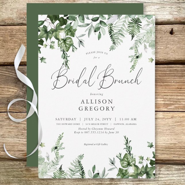 Invitación Rústico brunch de novias con marfil verde y salvia (Rustic Green Ivy & Sage Bridal Brunch Invitation)