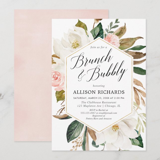 Invitación Rústico brunch floral burbujeante ducha de novia (Anverso / Reverso)