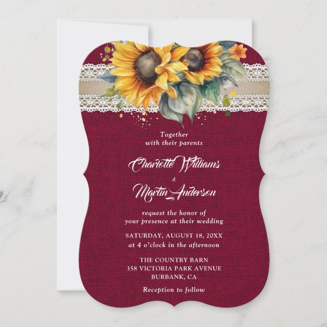 Invitación Rústico Burgundy Burlap Lace Sunflower Boda (Anverso)