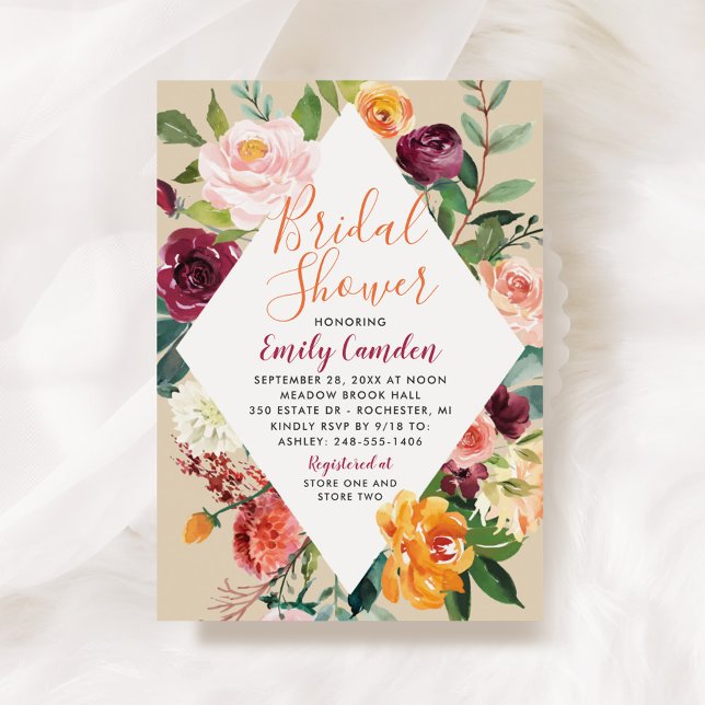 Invitación Rústico Burgundy Cae Floral Diamante Brigada Ducha (Subido por el creador)