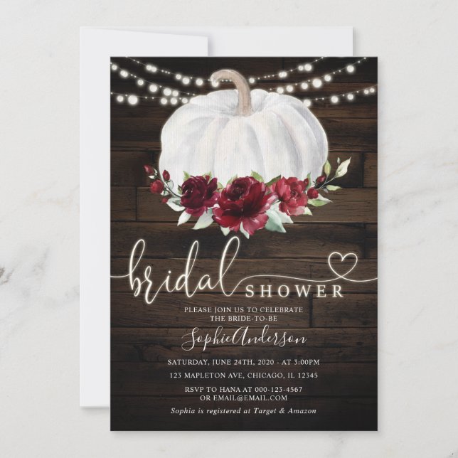 Invitación Rústico Burgundy Floral Calabaza Bridal Shower (Anverso)