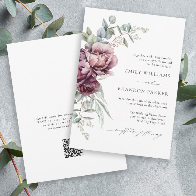 Invitación Rústico Burgundy Floral Código QR Boda Caída (Available in both printed and instant download digital formats.)