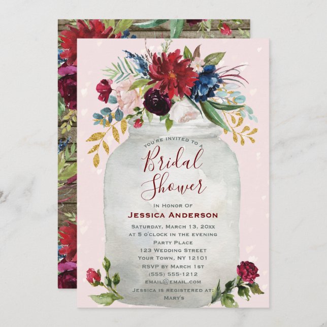 Invitación Rústico Burgundy Gold Mason Jar Bridal Shower (Anverso / Reverso)