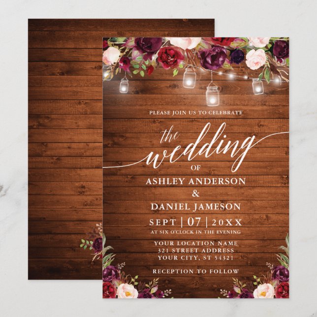 Invitación Rústico Burgundy Jar ilumina a Boda de caligrafía (Anverso / Reverso)