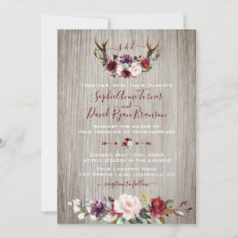 Invitación Rústico Burgundy Pink Floral Antlers Wood Boda