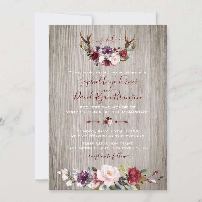Invitación Rústico Burgundy Pink Floral Antlers Wood Boda (Anverso)